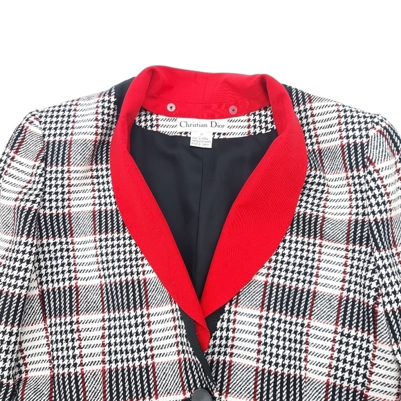 Dior | Silk Houndstooth Plaid Single Breasted Jacket with Removable Collar - Picture 4 of 8